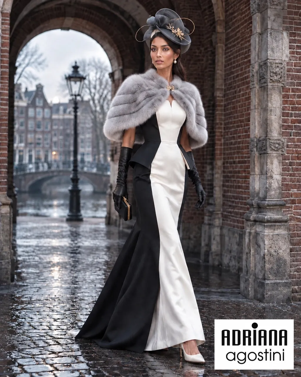 Silver-grey fur capelet under a brick archway, Amsterdam