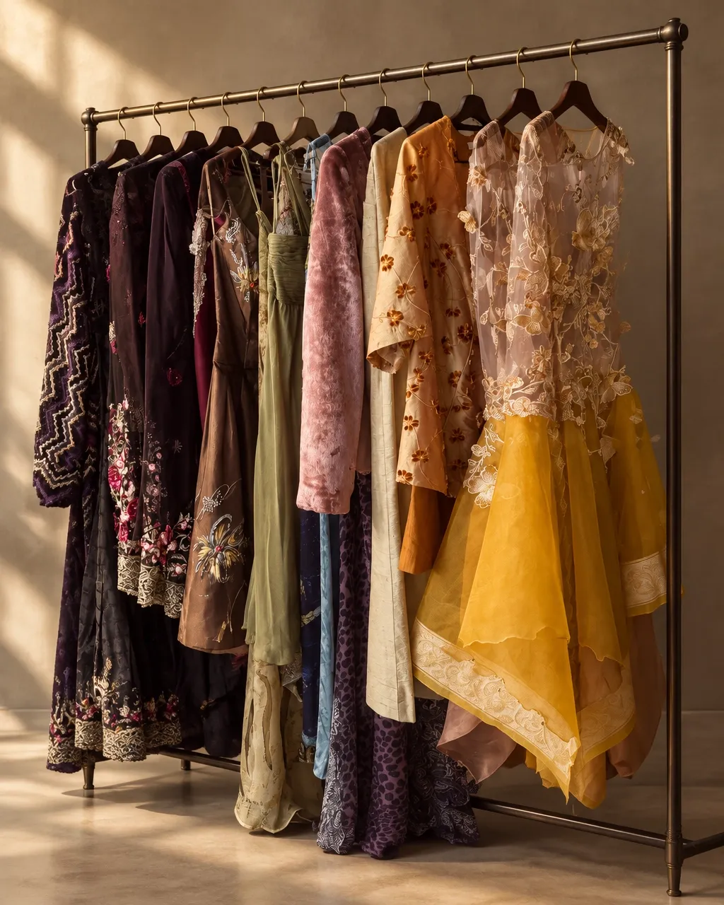 Embroidered dresses from the Atelier Collection on a rack